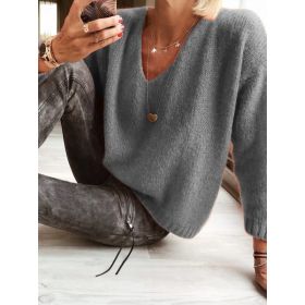 Womens Relaxed-fit Casual V-neck Drop-shoulder Sweater (Option: Gray-S)