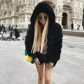 Women's Minimalist Hooded Patchwork Fur Grass Jacket (Option: Black-S)