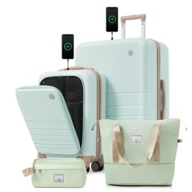 4-Piece Luggage Set with USB Charging Ports - 20in Carry-On (Front-Opening for Laptop) 28in Checked Suitcase with TSA Lock Travel Duffel Bag Wet-Dry T (Option: Grey Green)