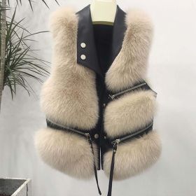 Women's Fashion Vest Fur Coat (Option: S-Khaki wool black leather)