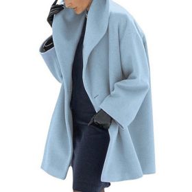 Plus Size Women's Solid Color Round Neck Button Coat - Oversized Hooded Wool-Like Long Coat For Fall&Winter (Option: Sky blue-M)