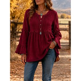 Lace-trimmed Loose-fit Shirt With Tassel Patchwork Top (Option: Wine Red-S)