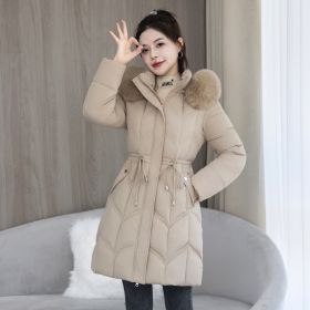 Large Fur Collar Coat Mid-length Thickened Cotton Jacket (Option: Khaki-M)