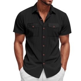 Loose Heavy Lapel Corduroy Workwear Short Sleeve Shirt (Option: Black-S)