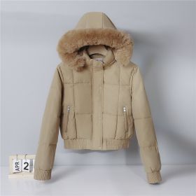 Thickened Fleece Jacket, Fashionable And Petite Hooded Short Long-sleeved Cotton Jacket (Option: Khaki-XXL)