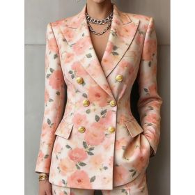 Retro Geometric Double-breasted Suit Jacket For Women, Long-sleeved, Slim Fit, Suitable For Commuting. (Option: Pink-S)