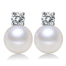 Round pearl stud earrings (Option: Silver A)