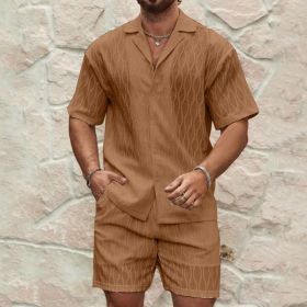 Men Tracksuits Summer Fashion Solid Loose Casual Two Pieces Lapel Button Shirt Shorts Beach Holiday All-match Outfits Male (Option: Dark Brown-L)