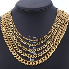 Stainless Steel Gold Silver Chain Cuban Curb Womens Mens Necklace (Option: Gold-22inch 11mm)