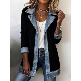 Denim Patchwork Jacket Fashion Commuter Lapel Button-down Long-sleeved Top For Women's Clothing (Option: Black-S)