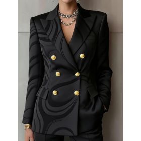 Retro Geometric Double-breasted Suit Jacket For Women, Long-sleeved, Slim Fit, Suitable For Commuting. (Option: Black-5XL)