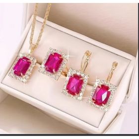 The Crystal Set Necklace Earring Ring Three-piece Set (Option: Rose Red)