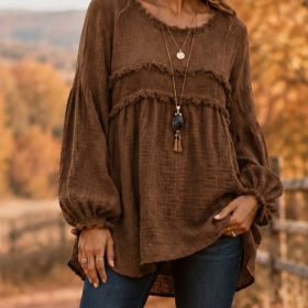 Casual Patchwork Tassel Fringe Crew-Neck T-Shirt Top (Option: Brown-S)