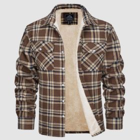 Fleece Lined Men's Jacket Long Sleeve Lapel Plaid (Option: Khaki Grid-M)