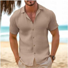 Men's Short-Sleeved Button-Down Shirt Summer Slim-Fit Lapel Shirts Casual Beachwear Clothing (Option: Khaki-S)