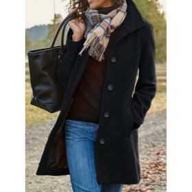 Women's Casual Tweed Coat - Solid Color Mid-Length H-Silhouette Button Front Long Sleeve (Option: Black-3XL)