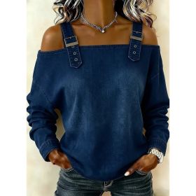 Halter-neck Off-shoulder Long-sleeve Top (Option: Dark Blue-S)