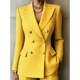 Retro Geometric Double-breasted Suit Jacket For Women, Long-sleeved, Slim Fit, Suitable For Commuting. (Option: Bright yellow-5XL)