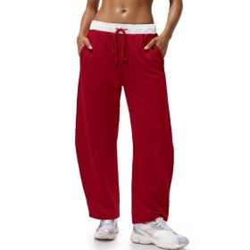 Fisoew Womens Wide Leg Sweatpants Baggy Drawstring Elastic Waisted Travel Track Pants Color Block Joggers With Pockets (Option: Red-S)