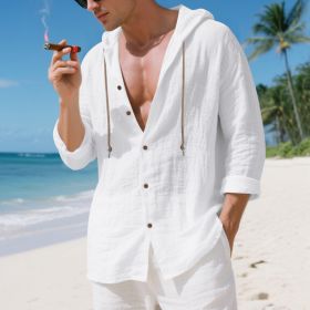 Mens Linen Hooded Long-Sleeve Casual Cardigan Shirt (Option: White-S)