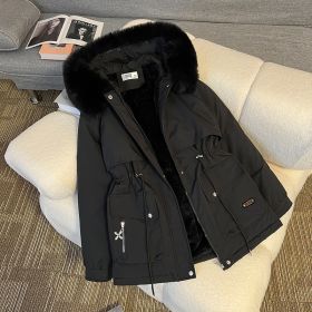Fur Collar Fashionable All-matching Jacket Hooded Warm Cotton-padded Coat (Option: Black-M)