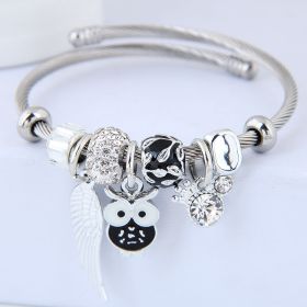 DIY Beaded Owl Angel Wings Pendant Stainless Steel Bracelet (Option: Black)