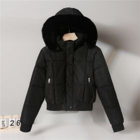 Thickened Fleece Jacket, Fashionable And Petite Hooded Short Long-sleeved Cotton Jacket (Option: Black-3XL)