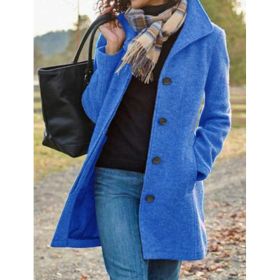 Women's Casual Tweed Coat - Solid Color Mid-Length H-Silhouette Button Front Long Sleeve (Option: Blue-S)