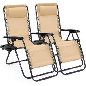 Set Of 2 Zero Cravity Lounge Chairs,Outdoor Patio Folding Recliners For Pool Beach With Pillow And Cup Holder (Option: Khaki)