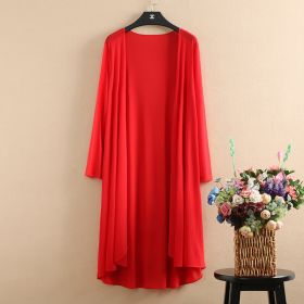 Womens Summer Ultra-Thin Mesh Chiffon Cardigan Mid-Length Plus-Size Cape Jacket (Option: Bright Red-2XL)