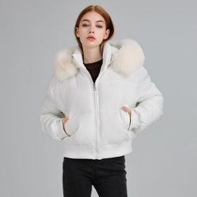 Women's Hooded Fur Collar Cotton-padded Clothes With Design Sense (Option: White-M)
