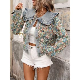 New Women's Jacquard Long-sleeved Ruffled Peter Pan Collar Single-breasted Short Denim Jacket, Stylish And Versatile, Suitable For Everyday Wear. (Option: M)