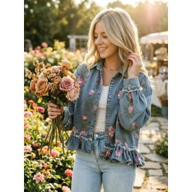 New Women's Retro Washed Floral Print Denim Jacket, Long-Sleeved, Collared, Ruffled Hem, Short Jacket, Summer Outfits For Womener. (Option: XXL)