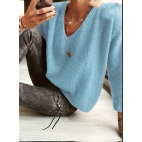 Womens Relaxed-fit Casual V-neck Drop-shoulder Sweater (Option: Sky blue-S)