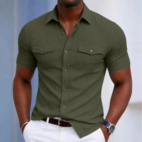 Loose Heavy Lapel Corduroy Workwear Short Sleeve Shirt (Option: Green-L)
