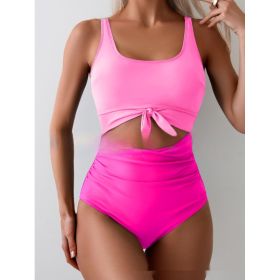 One-piece Female Stitching Contrast Color Strap Covered Belly Swimsuit (Option: Pink Rose Red-S)