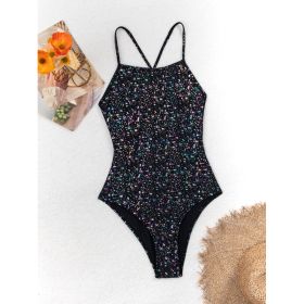 Women's Black Holographic Sparkle One-Piece Swimsuit, Crisscross Back Strappy Bathing Suit (Option: XL)