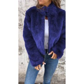 Fashion Stand Collar Plush Jacket Winter Casual Turtleneck Zipper Coat Fleece Tops Women's Clothing (Option: Blue-S)