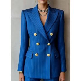 Retro Geometric Double-breasted Suit Jacket For Women, Long-sleeved, Slim Fit, Suitable For Commuting. (Option: Blue-5XL)