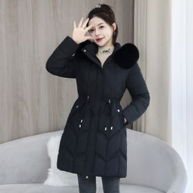 Large Fur Collar Coat Mid-length Thickened Cotton Jacket (Option: Black-M)