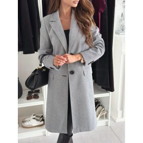 Lapel Single-breasted Wool Coat Winter Long Sleeve Solid Color Long Jacket Women Clothing (Option: Gray-S)