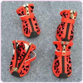 New Fashion PU Leopard Print Pet Shoes (Option: Red-Size4)
