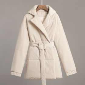 New Thickened Slimming Cinched Cotton-padded Coat Solid Color Belt Cotton Coat Jacket (Option: Apricot-S)