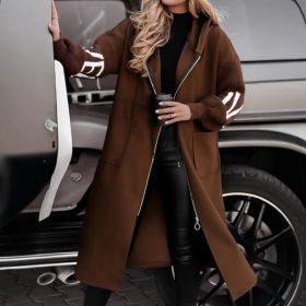 Hooded Windbreaker Long Jacket With Pockets And Drawstring Design Solid Color Knit-Sleeved Trench Coat For Women Clothing Fall Winter (Option: Brown-S)