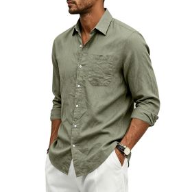 Mens Linen Loose-fit Lapel Long-sleeve Shirt (Option: Army Green-S)