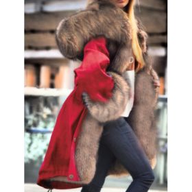 Long-sleeved Oversized Coat With A Fur Collar And Hood (Option: S-Red)
