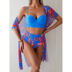 Women's Maple Leaf Printed High Waist Mesh Bikini Suit (Option: Sapphire Blue-S)