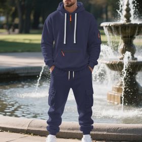 Men's Loose Sports And Leisure Suit Sweater Fleece-lined Hoodie Set Zipper Multi-Pocket Pullover Men's Sports Casual Top Two-piece Set (Option: Navy Blue-M)