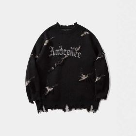 New Personality Street Jacquard Ripped Frayed Vintage Loose Sweater (Option: Black-S)