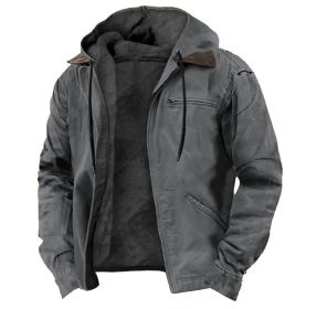 Winter Hooded Coat With Pockets Fashion Warm Fleece Zip-up Jacket Casual Outwear Men's Clothing (Option: Gray-S)